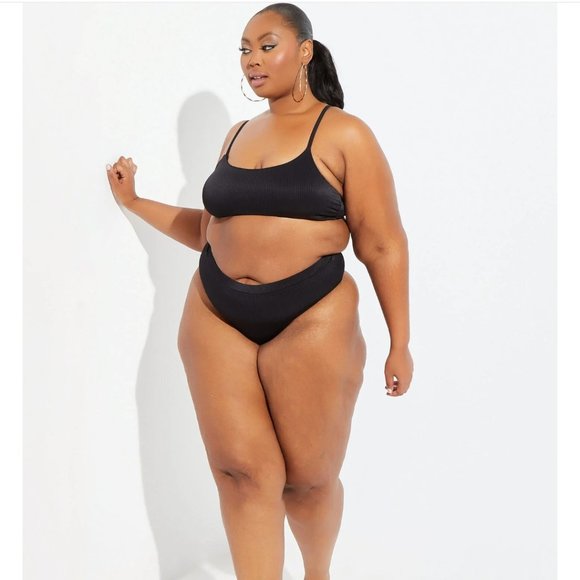 NWT 3X Set Ribbed High Rise Bikini Black Sexy Cute Summer Swim Plus - Picture 2 of 5